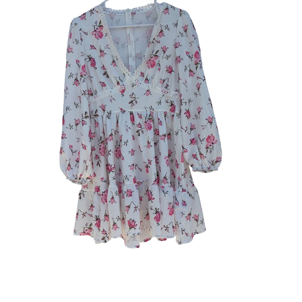 Floral Lace Trim Mini Dress Pink Rose Print Sm‎ Bridal Shower Softgirl Coquette